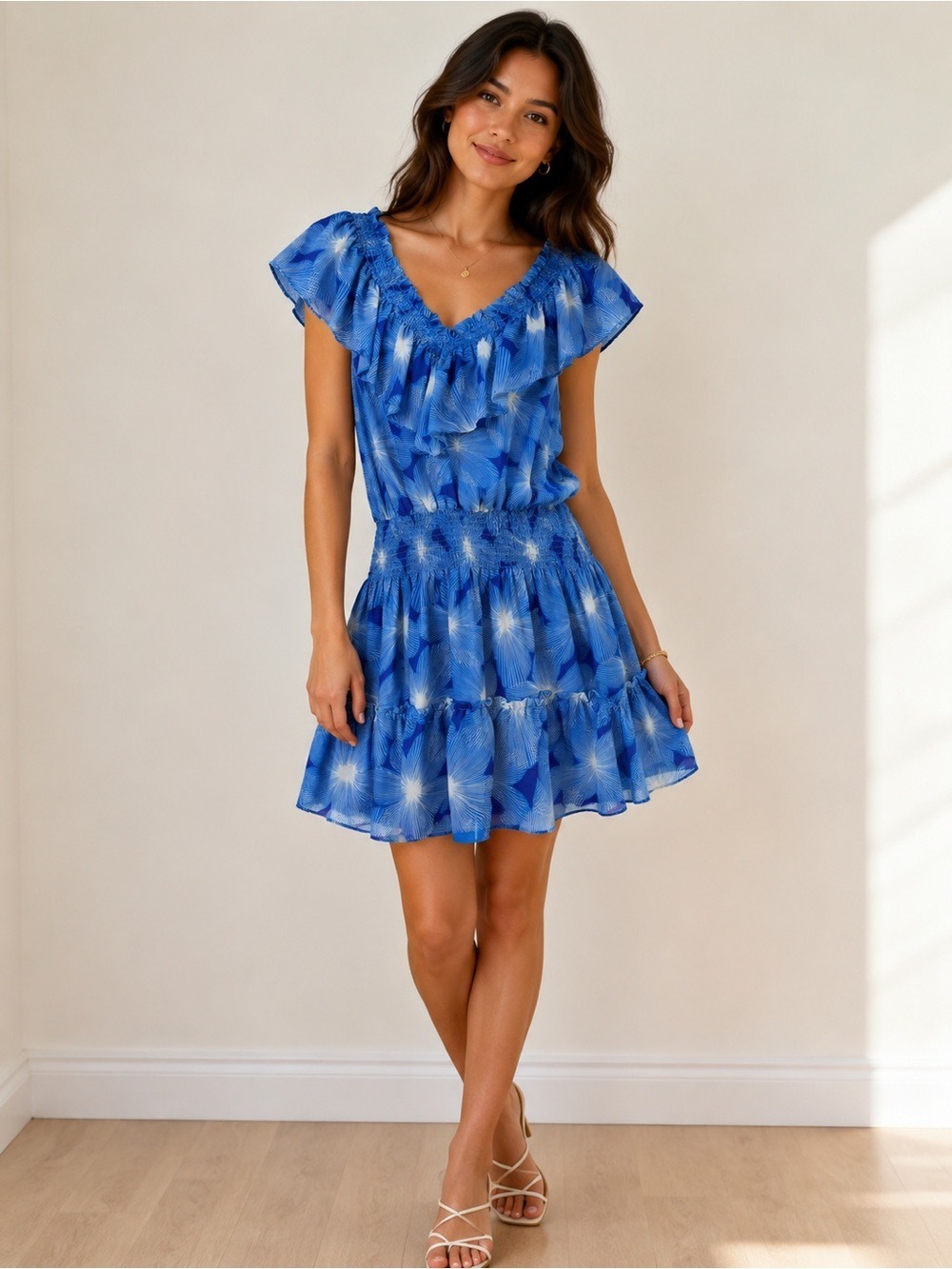 Ramy Brook Blue Off Shoulder Smocked Ruffle Mini Dress M Boho Resort